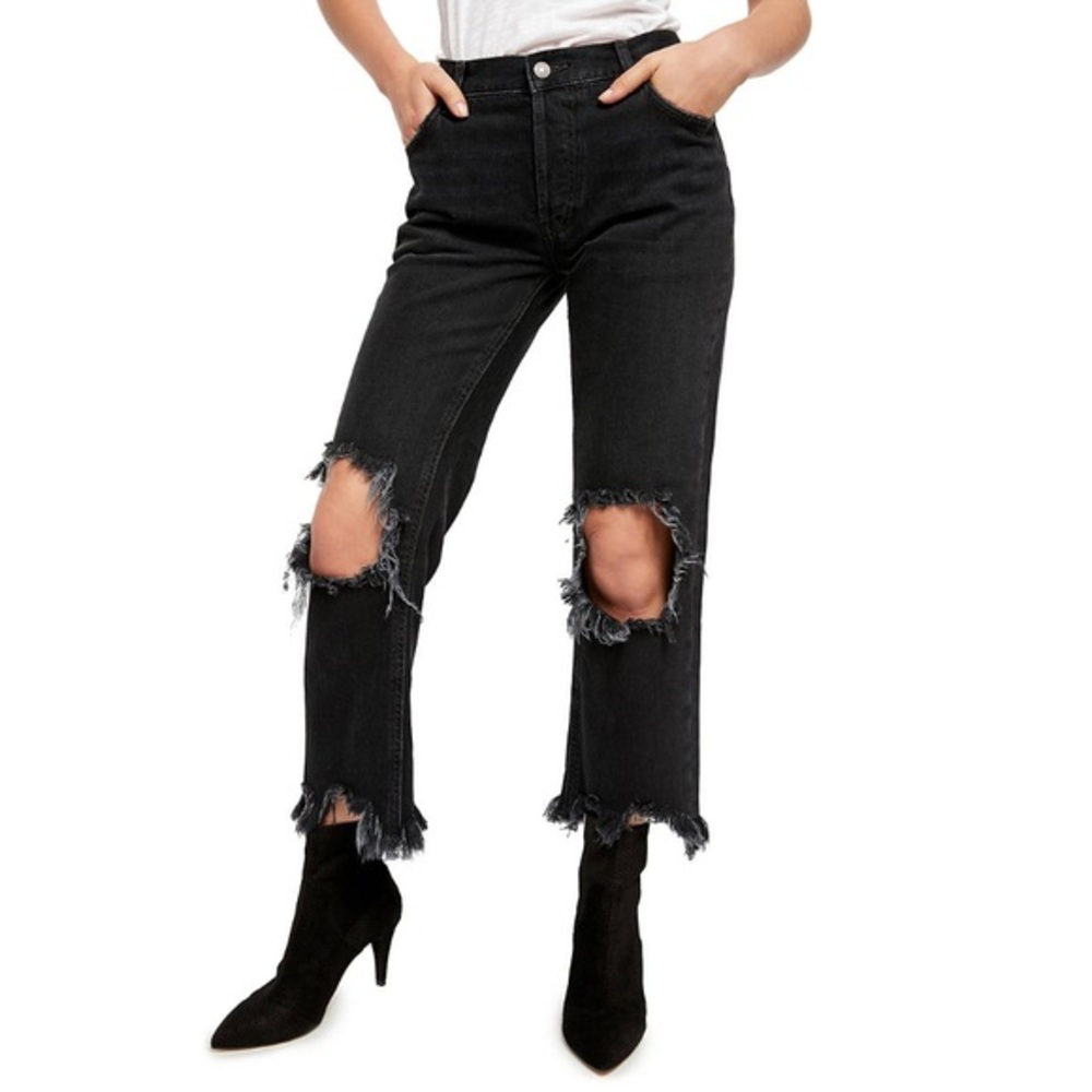 NEW FREE PEOPLE Maggie Mid-Rise Straight Leg Jeans in Washed Black Sz 25